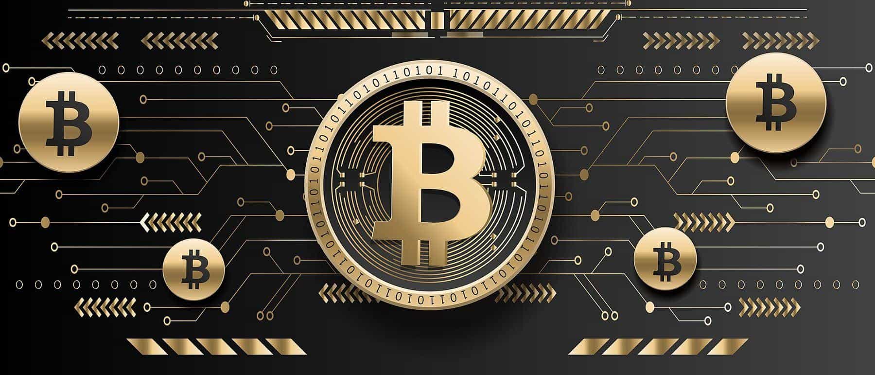Illustration of a gold bitcoin symbol coin on a dark circuit-board background
