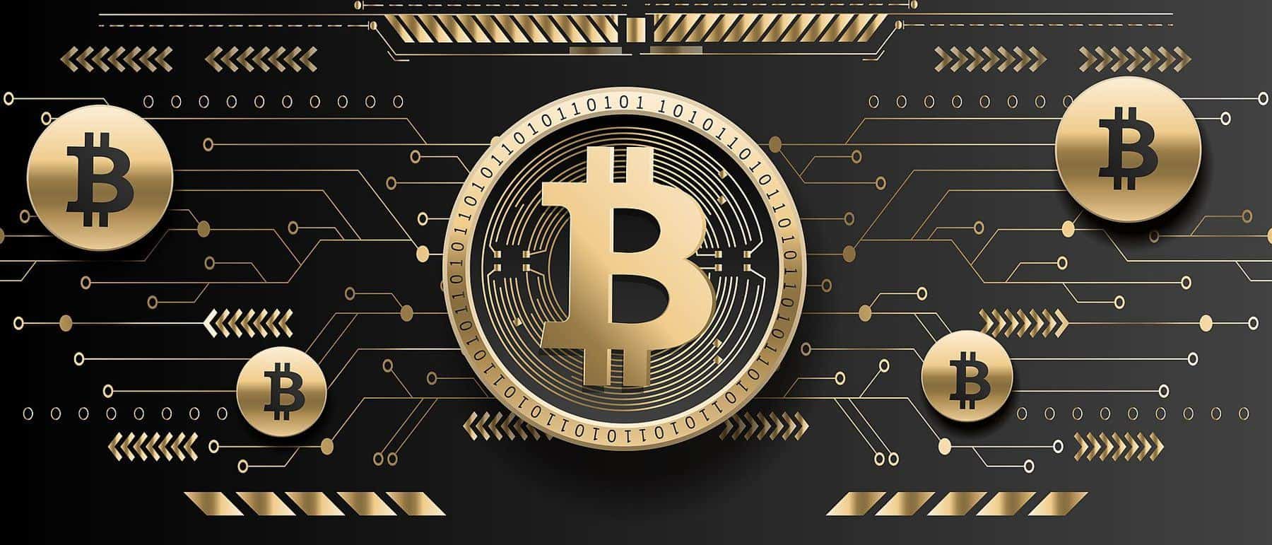 Illustration of a gold bitcoin symbol coin on a dark circuit-board background