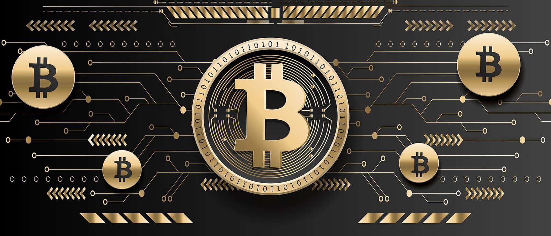 Illustration of a gold bitcoin coin on a dark circuit-board background